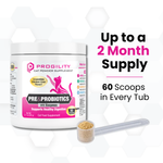 A white tub of Progility Pre & Probiotics cat powder supplement shown on a light gray background with a small clear scoop containing tan powder in front. Bold text on the right reads 'Up to a 2 Month Supply' and '60 Scoops in Every Tub'.