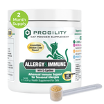 A white tub of ProGility Allergy & Immune cat powder supplement with a green and black label, shown on a white background with a small clear scoop containing beige powder in front and a green '2 Month Supply' badge on the upper left.