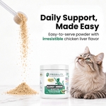 A white tub of ProGility Cat Allergy & Immune powder supplement is shown on a white marble surface next to a fluffy gray tabby cat. A clear scoop pours tan powder into a small pile, with text reading 'Daily Support, Made Easy' and 'Easy-to-serve powder with irresistible chicken liver flavor'.