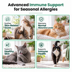 Promotional graphic for a pet supplement titled 'Advanced Immune Support for Seasonal Allergies,' showing four cats in a home setting with text callouts about soothing skin-related issues, maintaining normal histamine levels, supporting healthy skin, and supporting immune health.