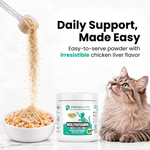 A cat supplement jar labeled 'PROGILITY CAT MULTIVITAMIN' shown beside a bowl of wet cat food with powder being poured from a scoop, plus a fluffy cat looking up. Text reads 'Daily Support, Made Easy' and 'Easy-to-serve powder with irresistible chicken liver flavor.