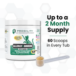 A white tub of ProGility Allergy & Immune cat powder supplement shown on a white background with a scoop of tan powder in front. Large text reads 'Up to a 2 Month Supply' and '60 Scoops in Every Tub'.