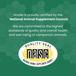 Green promotional graphic with white text stating that Nootie is certified by the National Animal Supplement Council, plus a large NASC quality seal logo at the bottom.