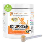 A white tub of ProGility Hip & Joint cat powder supplement with orange and black label accents, shown on a white background with a small clear scoop and a green '2 Month Supply' badge.
