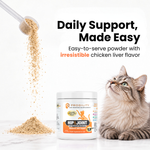 A jar of Proglity Hip & Joint cat powder supplement is shown on a white marble surface next to a fluffy gray tabby cat. A scoop of the beige powder is shown pouring with text overlays that read 'Daily Support, Made Easy' and 'Easy-to-serve powder with irresistible chicken liver flavor'.