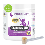 A white plastic tub of ProGility Calming Aid cat powder supplement with a purple cat silhouette logo, shown on a white background with a small clear scoop containing beige powder in front and a green circular '2 Month Supply' badge at the top left.