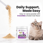 A jar of Progility Calming Aid cat supplement is shown next to a tabby cat on a white marble surface. Powder is pictured being poured from a scoop at the top left, with text reading 'Daily Support, Made Easy' and 'Easy-to-serve powder with irresistible chicken liver flavor'.