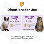 Directions for Use graphic for a cat supplement, showing two dosage options: 1 Scoop Daily for cats up to 10 lbs and 2 Scoops Daily for cats 11-20 lbs, with photos of a white cat on the left and a brown tabby cat on the right.