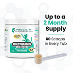 A white tub of ProGility Cat Powder Supplement Multivitamin with a clear scoop containing tan powder, shown next to promotional text reading 'Up to a 2 Month Supply' and '60 Scoops in Every Tub' on a white background with faint hexagon shapes.