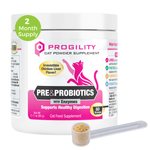 A white tub of ProGility Pre & Probiotics cat food supplement with a pink and black label, shown on a white background with a small clear scoop containing beige powder in front and a green circular '2 Month Supply' badge at the top left.