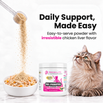 A jar of Proglity Pre- & Probiotics cat supplement is shown next to a tabby cat on a white background, with a scoop pouring powder into a bowl of wet cat food. Text on the image reads 'Daily Support, Made Easy' and 'Easy-to-serve powder with irresistible chicken liver flavor'.